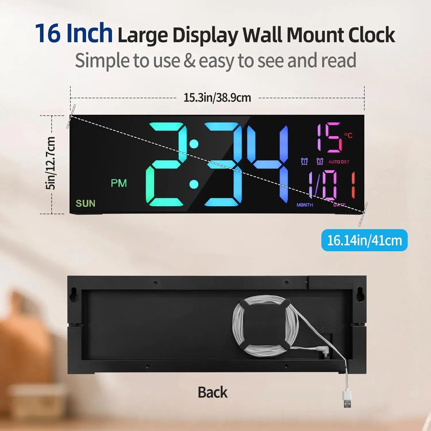 Large Digital Wall Clock - 16.2'